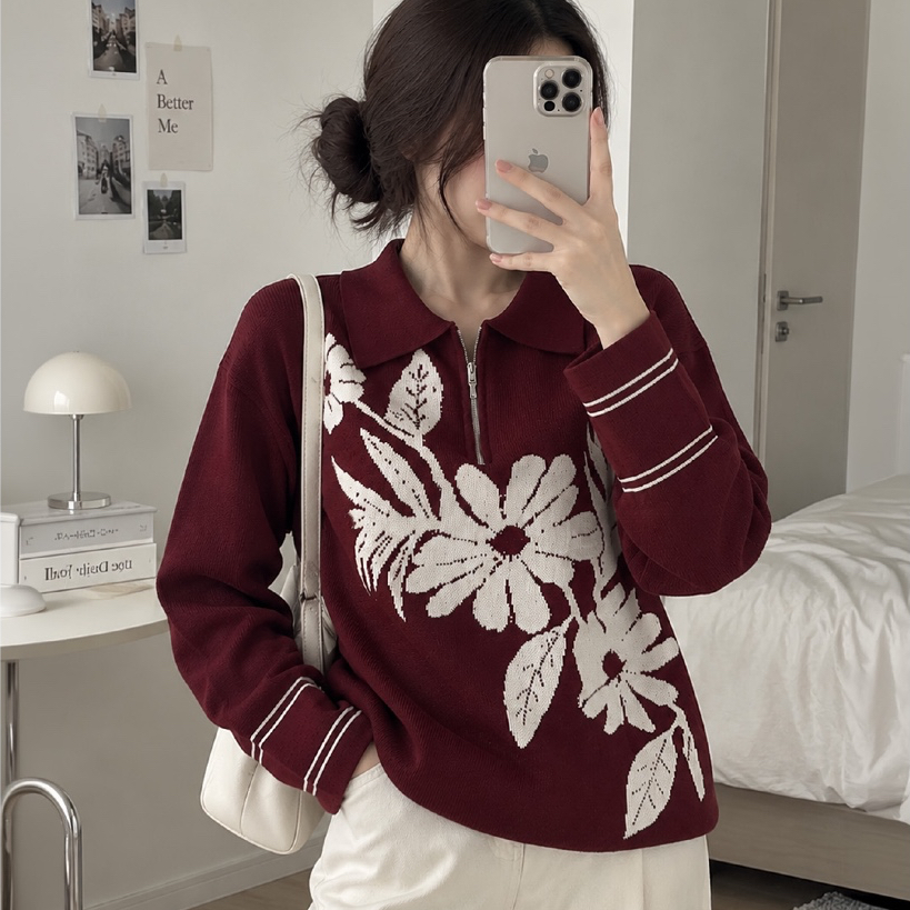 Cardigan Rajut Half Zipper Motif Bunga Lengan Panjang - Outer