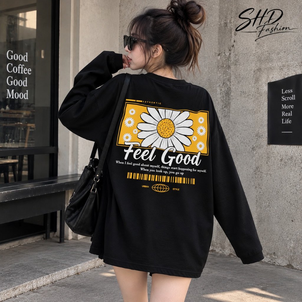 Kaos Lengan Panjang Feel Good Daisy Wanita Pria Oversize Jumbo Big Size S-6XL | Long Sleeve Bunga Ae
