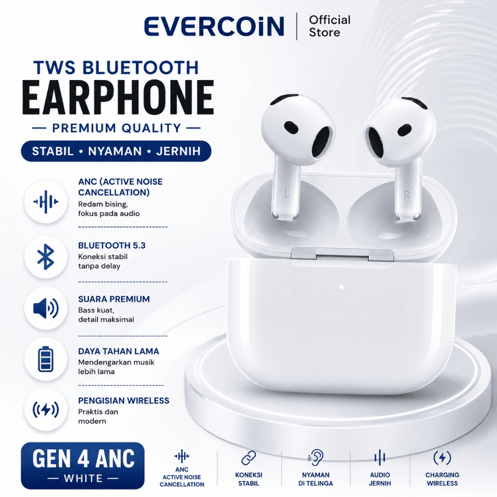 TWS Evercoin Gen4 ANC Bluetooth Earphone Premium dengan Konektivitas Stabil Pengisian Daya Wireless 