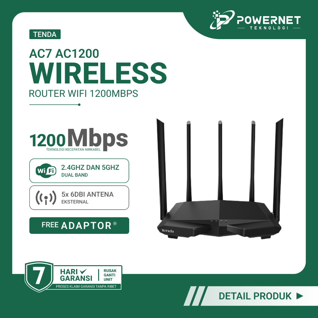 Tenda AC7 AC1200 Wireless Router WiFi Dual-Band 2.4GHz & 5GHz 5 Antena Bekas Bonus Adaptor