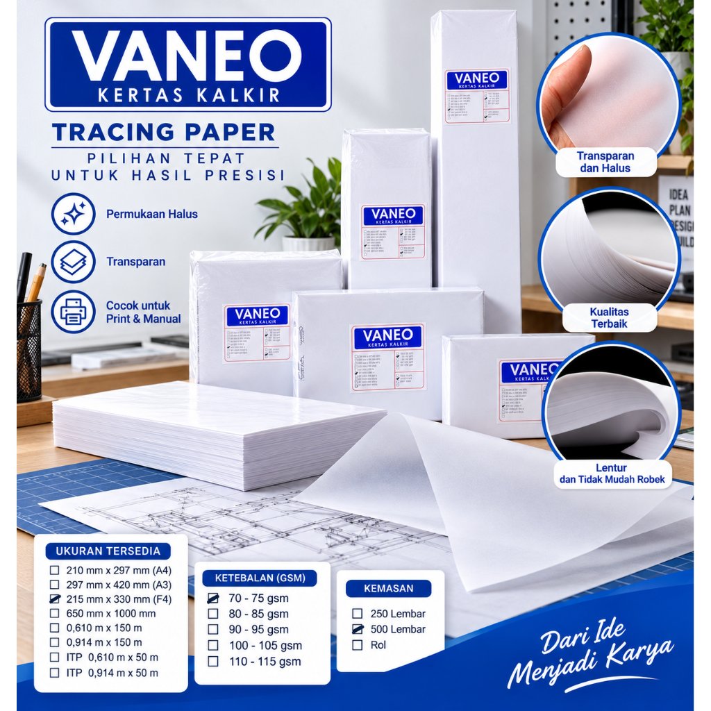 Vaneo Kertas Kalkir F4 Folio 70/75 gsm Tracing Paper