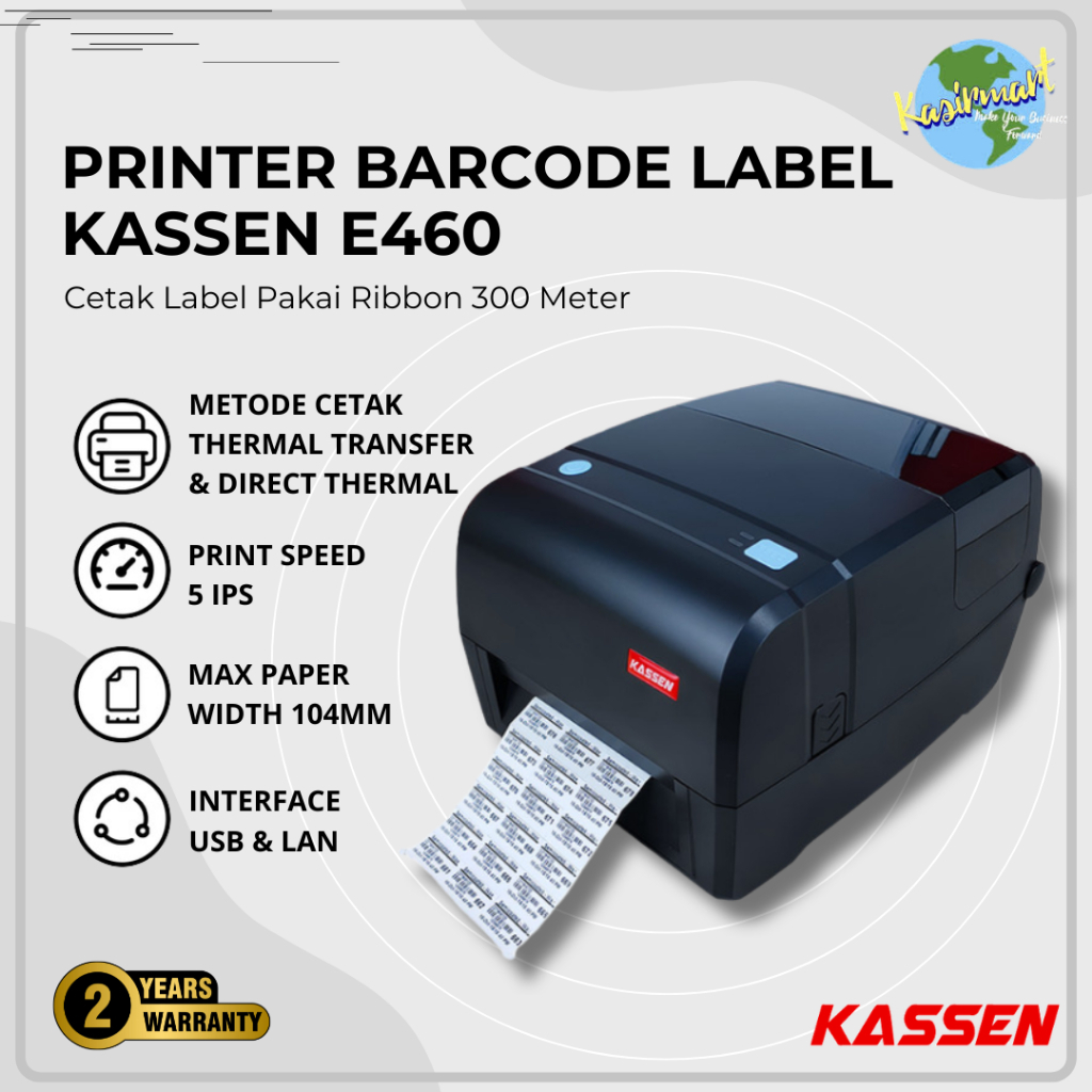Kassen E460 Printer Label Barcode USB LAN KASSEN E460 Stiker Transfer Thermal Resi Ribbon E 460 E460