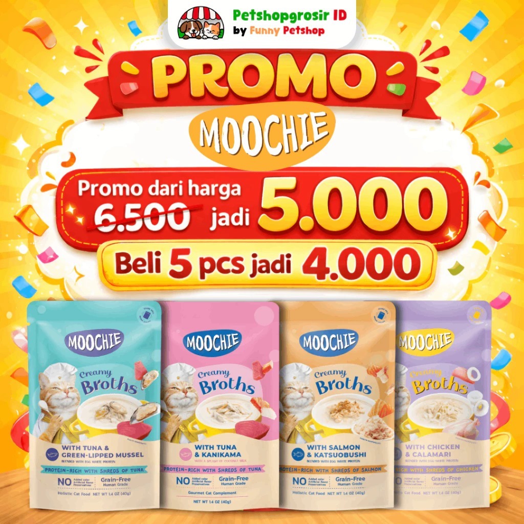 [5PCS] Moochie Creamy BROTHS Moochie Cat – Promo Bundling Beli 5 Lebih Murah | Makanan Basah Kucing