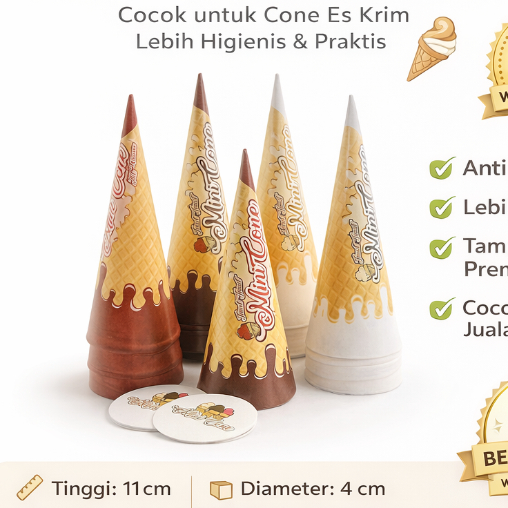 100PCS + TUTUP RESEP ES KRIM BUNGKUS CONE MINI  / KEMASAN MINI CONE ICE CREAM / CETAK KEMASAN E