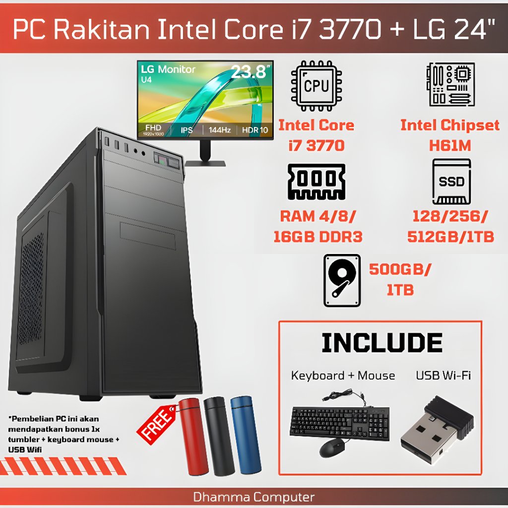 [SIAP PAKAI] Paket Lengkap PC Desktop i7 3770 Fullset Monitor LG 24" 24U411B 144Hz + WiFi + Keyboard