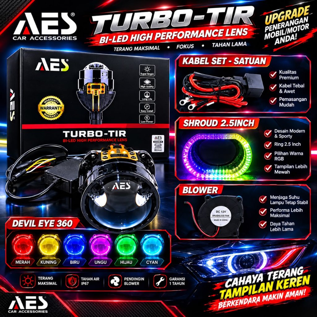 PAKETAN SATUAN Biled Bi-Laser AES Turbo-TIR  Proyektor LED Biled 2.5 Inch 75 Watt Double Laser