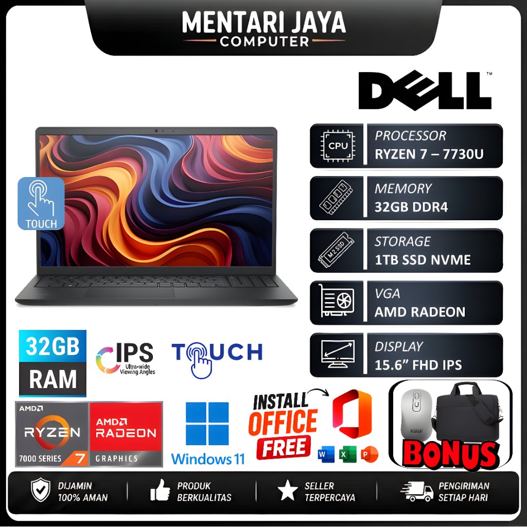 Laptop Gaming DELL 15 AMD Ryzen 7 7730U 32GB / SSD 1TB 15.6 FHD IPS Touchscreen