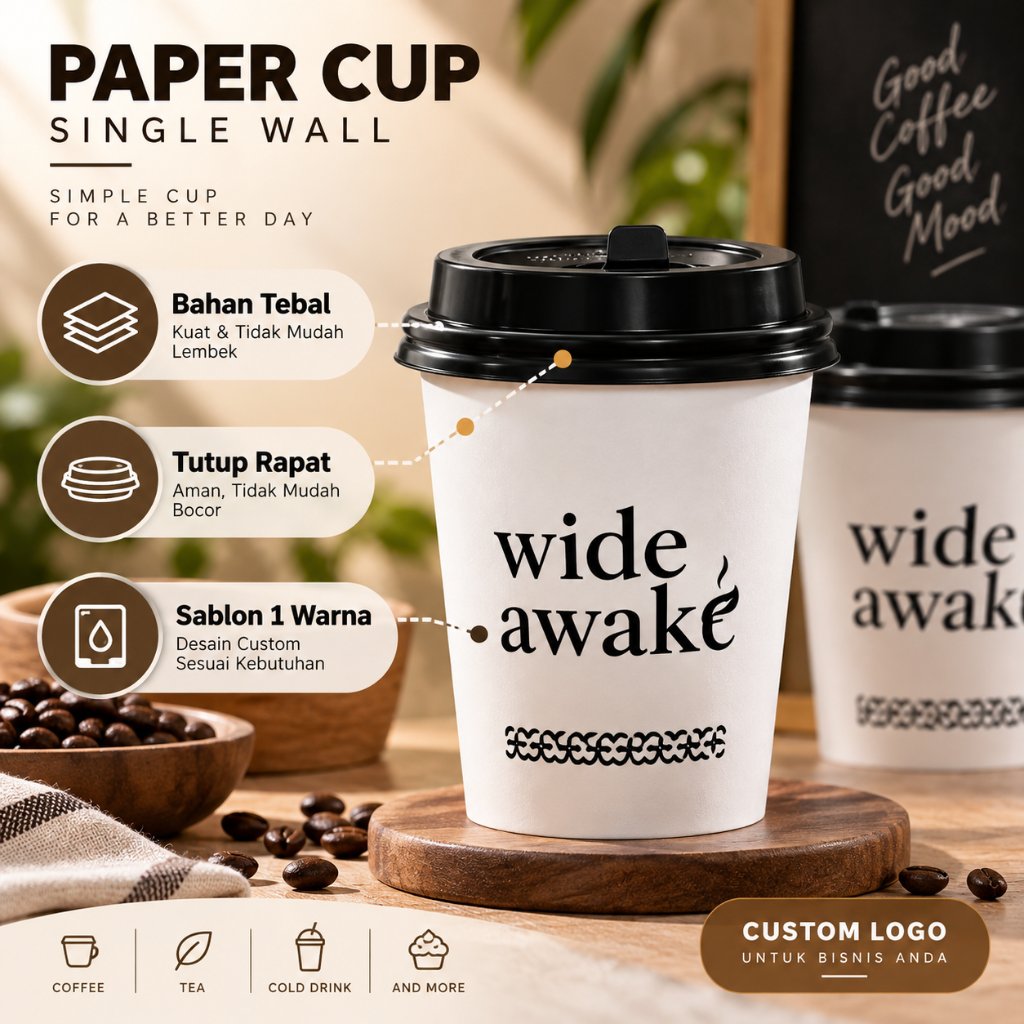 Custom Sablon Hot Paper Cup + Lid/Tutup Cup - Minimal Order 500 Pcs , Gelas Kertas,Gelas Kopi - Free