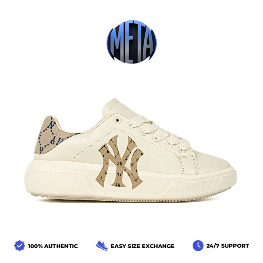 Meta Shoes - Sepatu Korea MLB Chunky Classic Heel Diamond Monogram New York NY Yankees Beige Sneaker