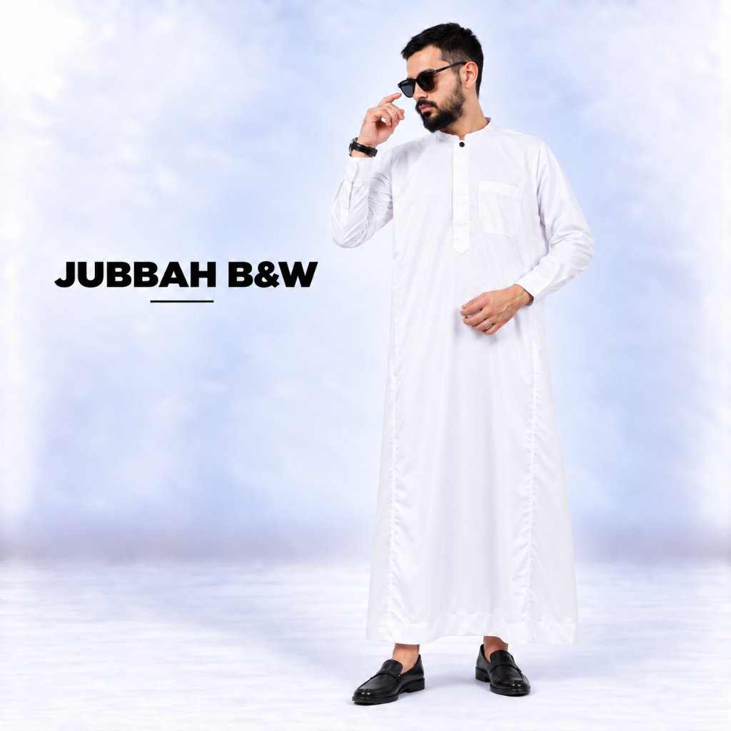 Uhud Basic - Jubbah Thobe B&W Gamis Pria Lengan Panjang Manset Polyster M-XL