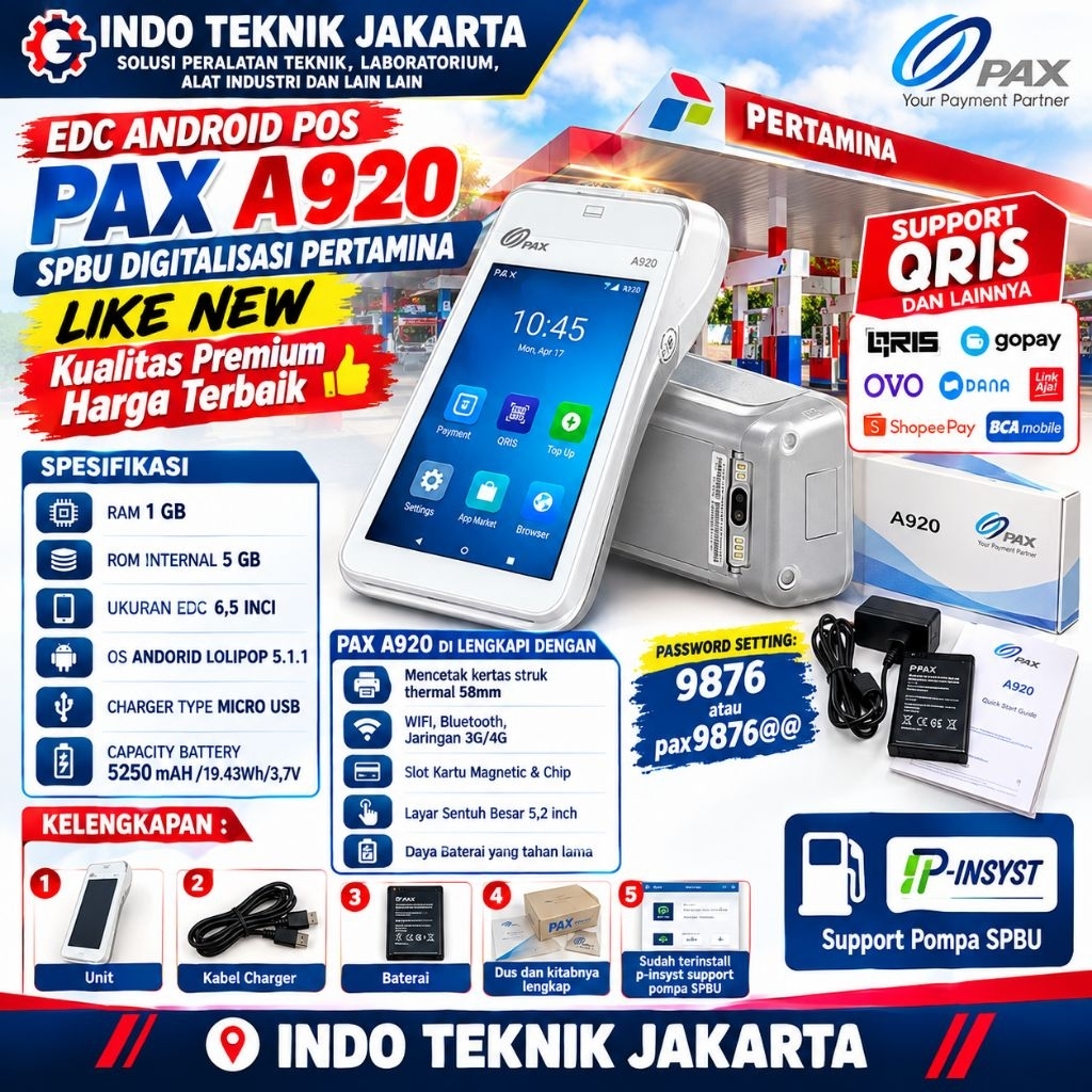 PAX A920 EDC Android 4G POS SPBU BSI Dana Qasir 5 Inch 5200mAh 192MB