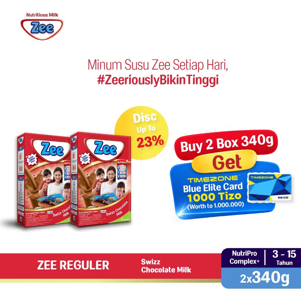 [2 PACK] Zee Reguler Swizz Chocolate Milk 340gr (FREE Timezone Blue Elite Card Rp1.000.000) - Susu T