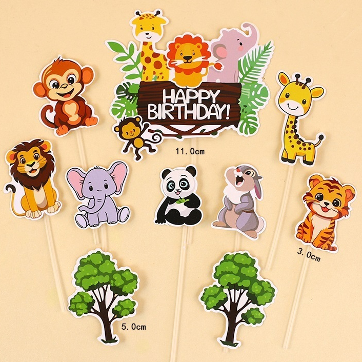Topper Kue 10 pcs Hewan Kebun Binatang Monyet Panda Harimau Gajah Jerapah Singa Kelinci Animal Zoo C