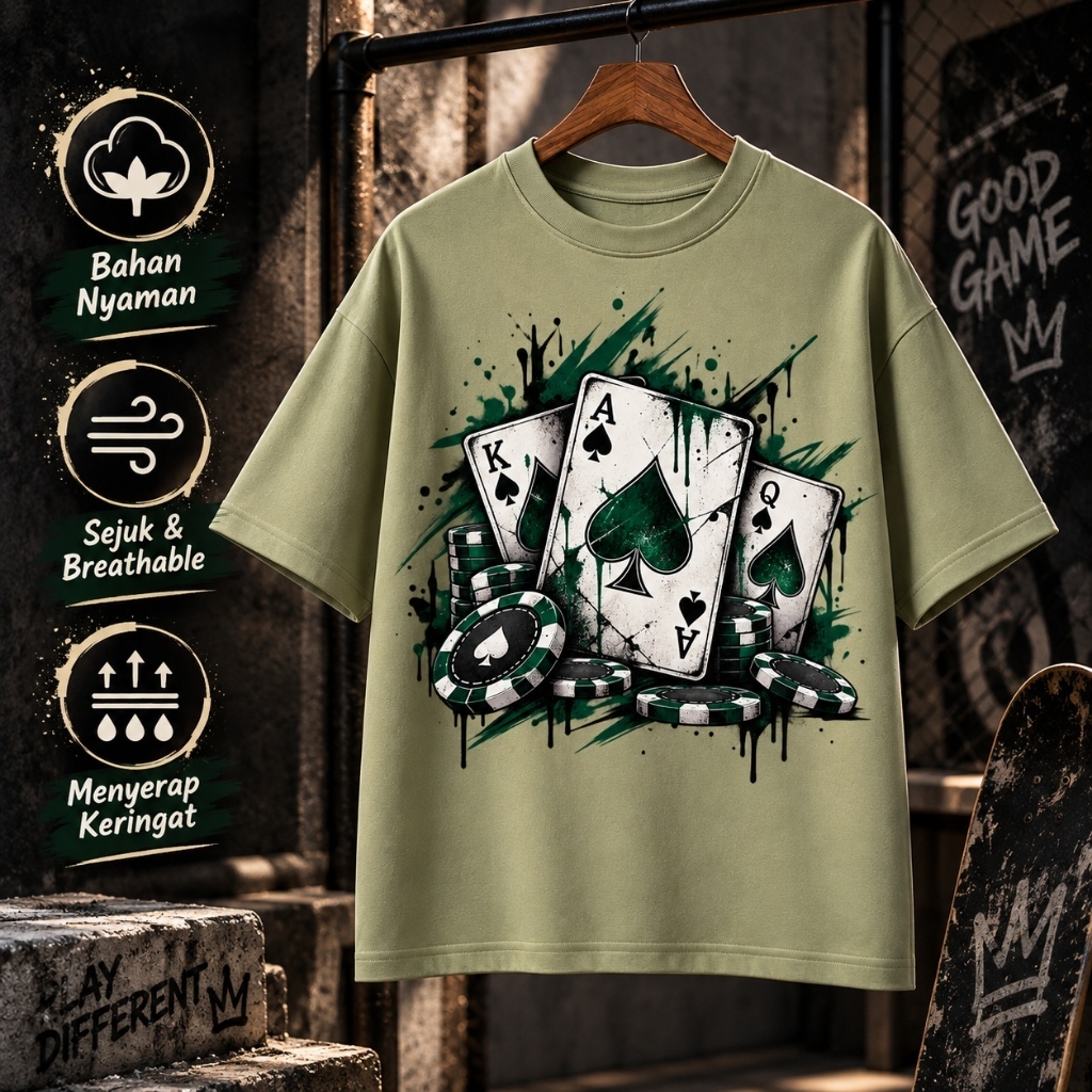 [COD]Kaos Pria Kartu Remi Dark Underground Lengan Pendek Oversize Nyaman Halus Katun Cotton Casual D