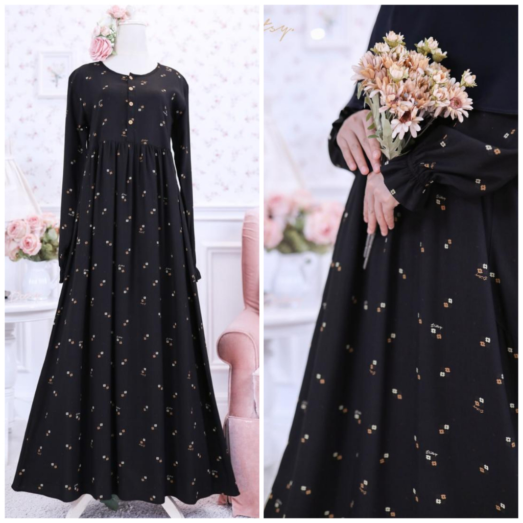 Ditsy Nightgown Gamis Muslimah Thalie Jetblack