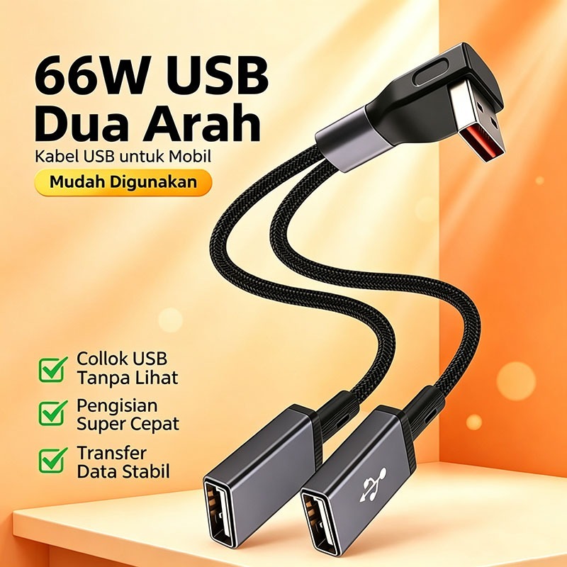 Kabel OTG PD66W Pengisian Cepat 2 in 1 Tipe‑C ke Dual USB Wanita Panjang 20cm Bahan Nylon Tenun Tran