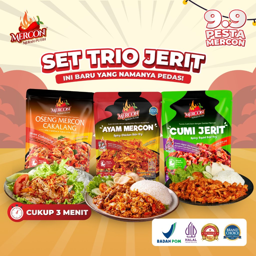 [LEBIH HEMAT] Mercon Merah Putih - Set Trio Jerit (Ayam Mercon + Cumi Jerit Sambal Mercon + Oseng Me