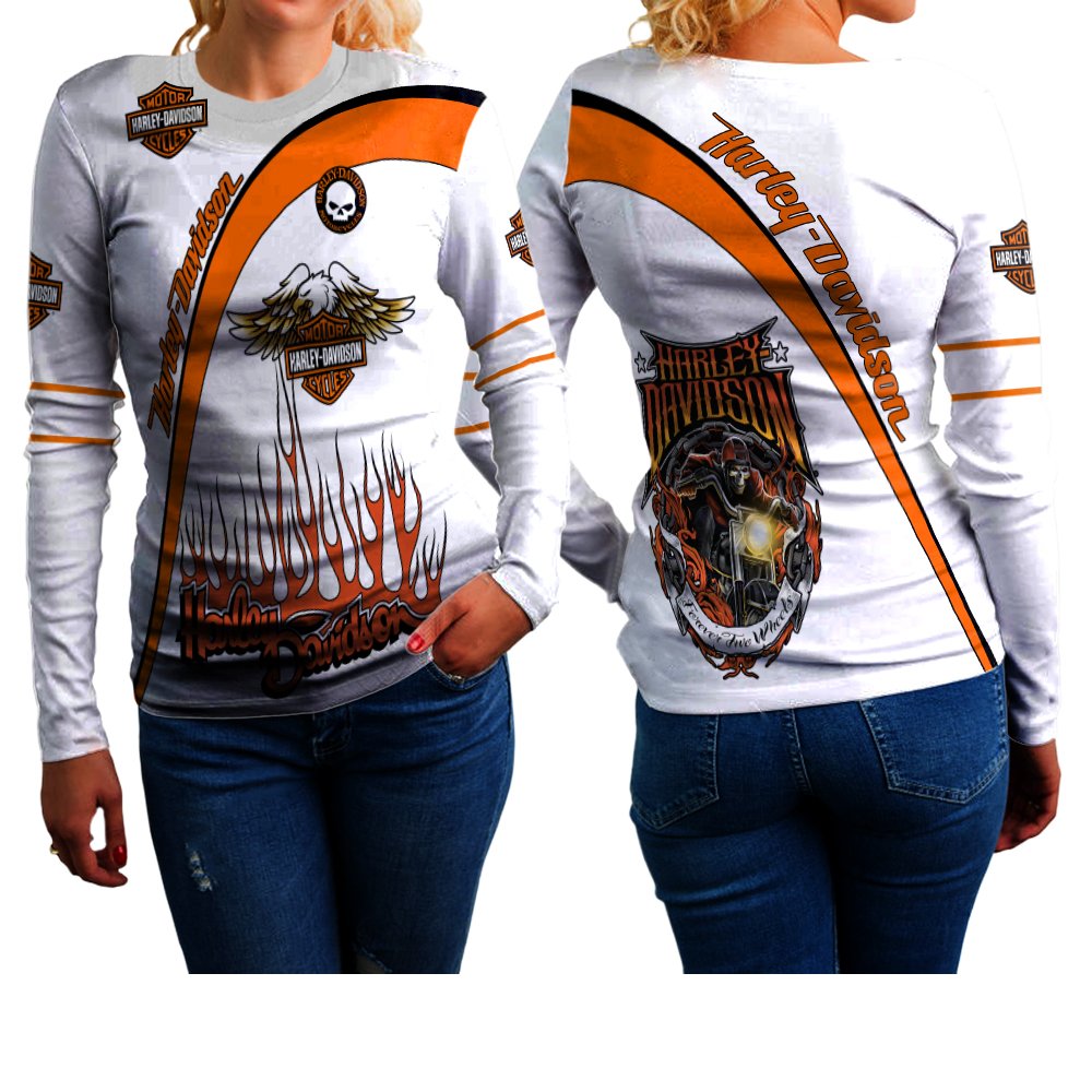 Kaos Lengan Panjang Harley Davidson White Orange Flame Eagle / T-Shirt Cewek Custom