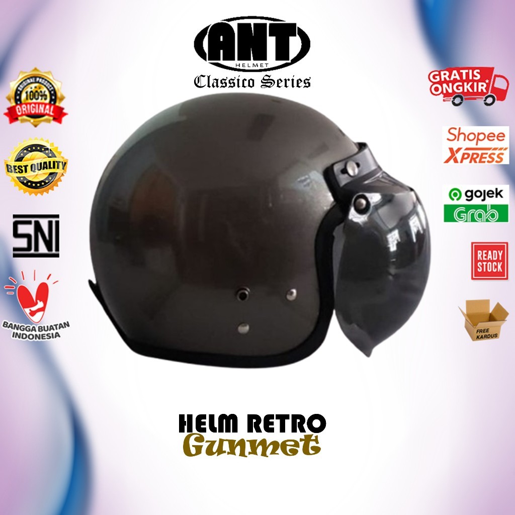 Helm Bogo / Helm Retro ANT Classico Gunmet + Kaca helm