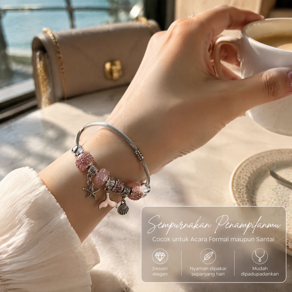 Gelang Pandora Wanita Charm Bracelet Stell Titanium Desain Ocean Sea Bintang Laut Kura-Kura Ikan Pau