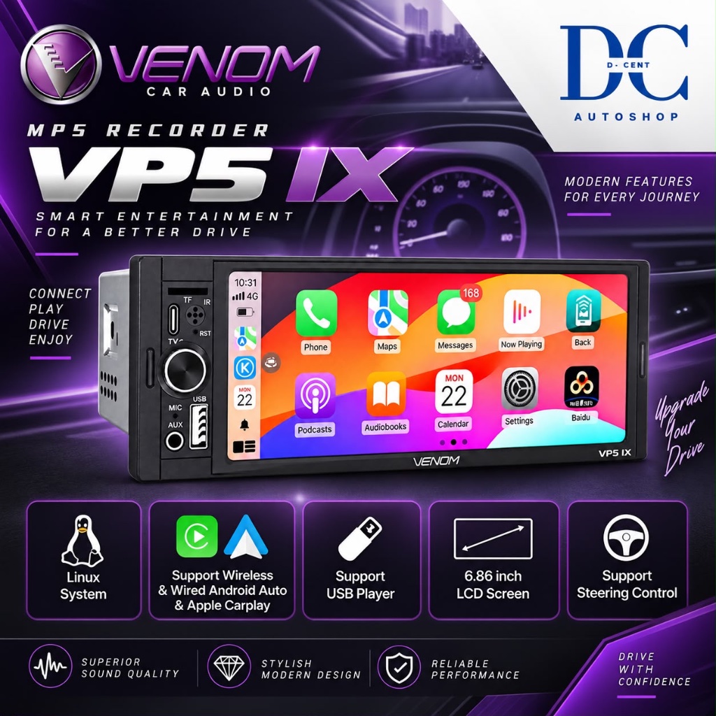 Head Unit Single Din Venom VP5 IX MP5 Recorder