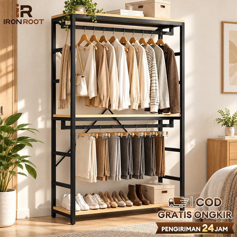 IRONROOT Rak Baju Rak Gantungan Baju Besi Kayu Serbaguna Display Kamar Toko