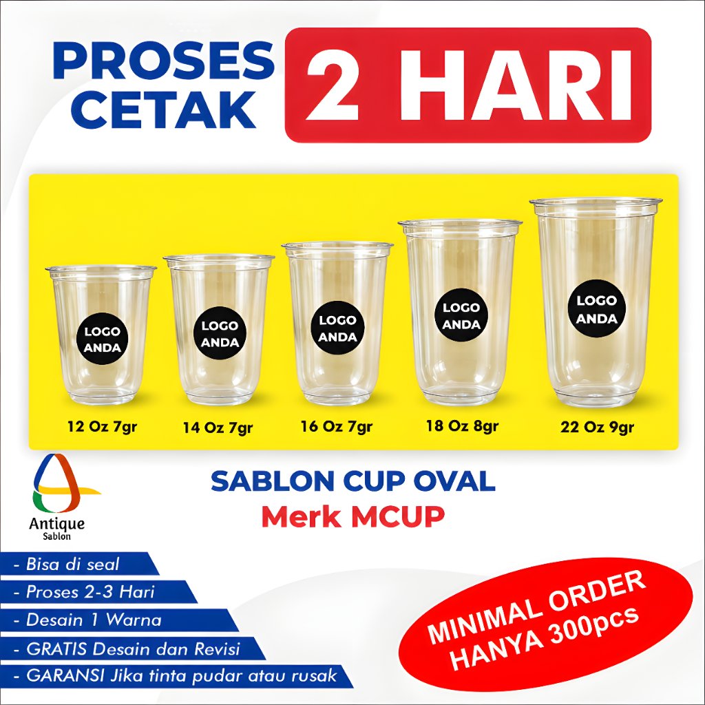 Sablon Cup Oval Gelas Packaging Plastik PP Custom 12 Oz, 14 Oz, 16 Oz, 18 Oz Tebal 7-9 Gram Merk MCU