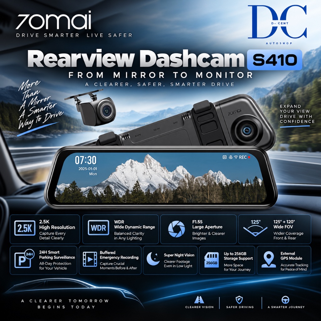 70mai Rearview Dashcam S410 Set Spion 2.5K Layar Sentuh 9.35"