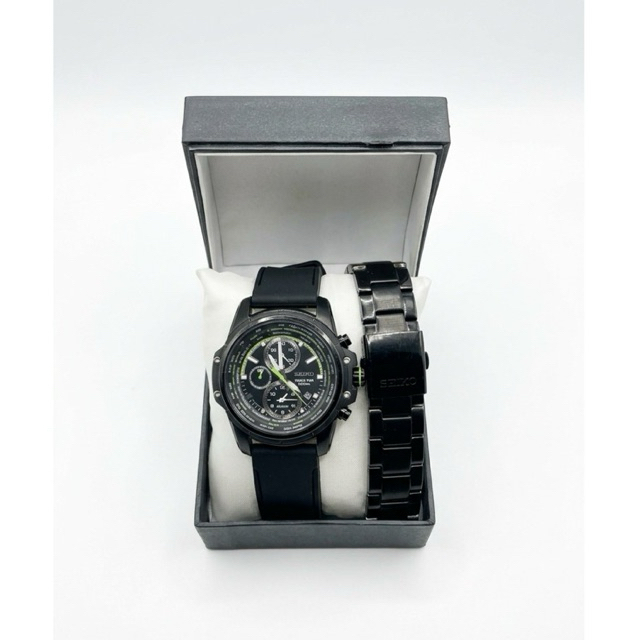 Jam Tangan Pria Seiko World Time Quartz Tali Hitam Dial Hitam Sub Dial Hijau