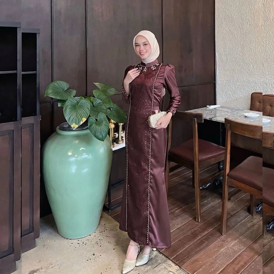 Baju Gamis Pesta Mewah Gisel Dress Satin Roberto Cavalli Mix Brukat Payet Gaun Kondangan Bridesmaid