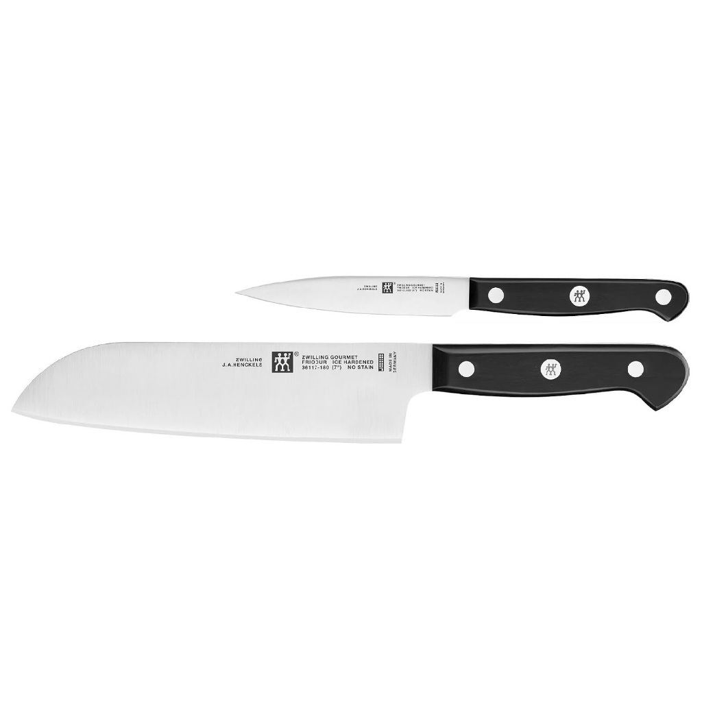 ZWILLING Gourmet 2-Piece Knife Set mencakup pisau pengupas 10 cm yang esensial dan pisau Santoku 18 