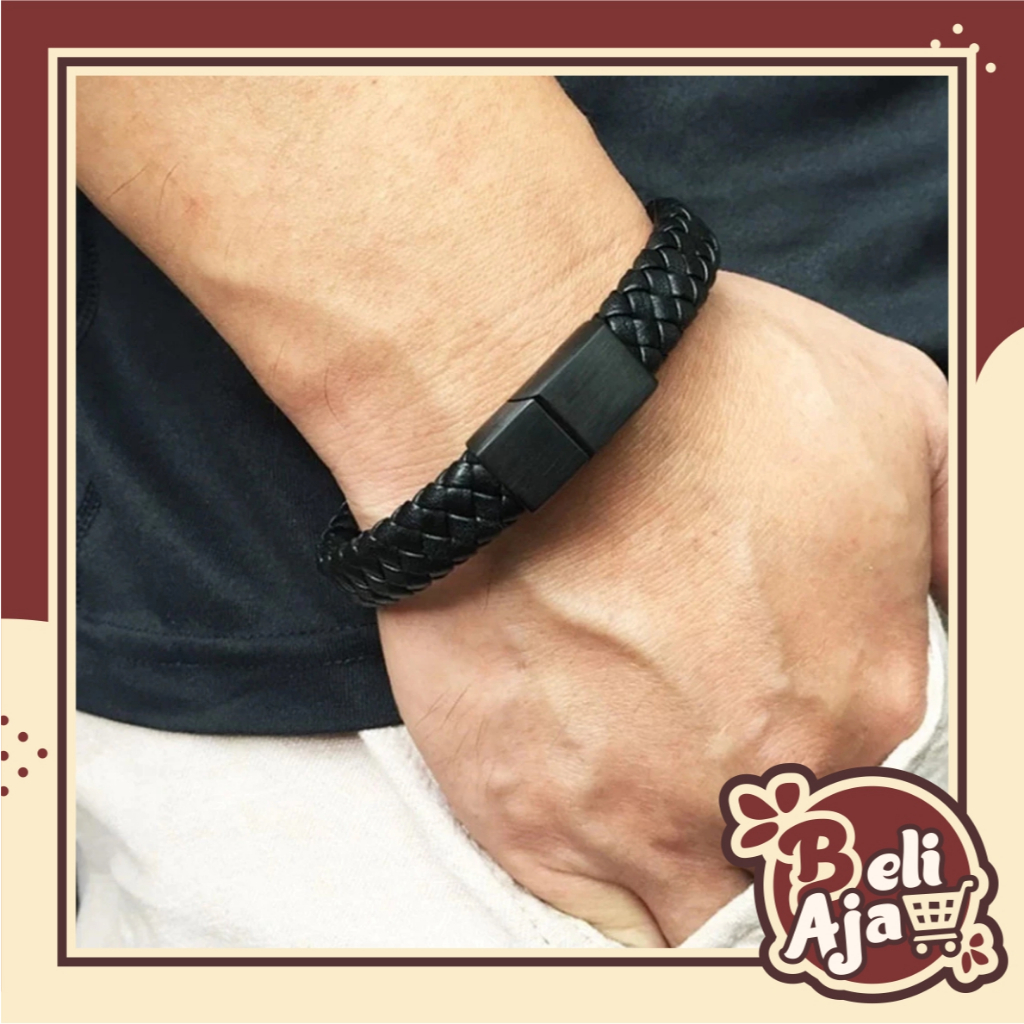 BJ Hitam Gelang Perhiasan Pria Gelang Kulit Kepang Buatan Tangan, Gelang Hadiah Gesper Magnetik Besi