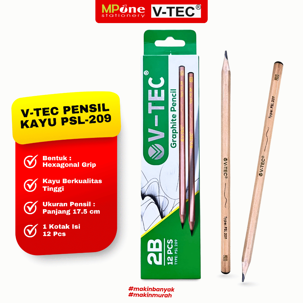 (1 KOTAK) V-Tec Pensil Kayu Graphite 2B PSL-209/ Pensil Ujian 2B Isi 12 Pcs V-TEC