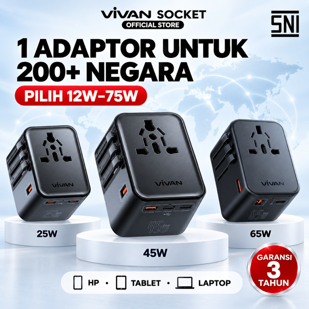 [SNI Multi-Country] VIVAN Universal Travel Adaptor Umroh Haji Eropa USB-A Type-C Fast Charging Garan