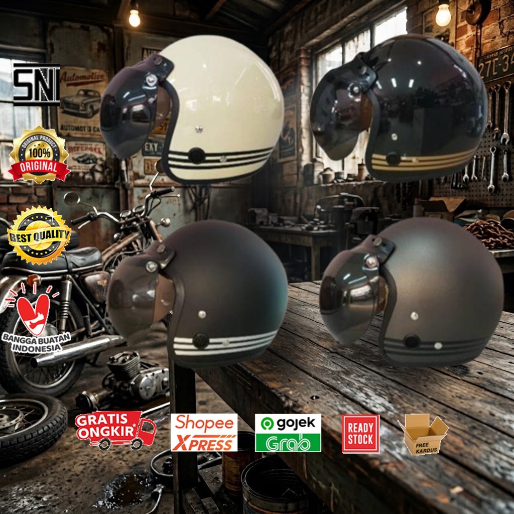 Helm Bogo Retro Ant Line + kaca helm (Helm Remaja)
