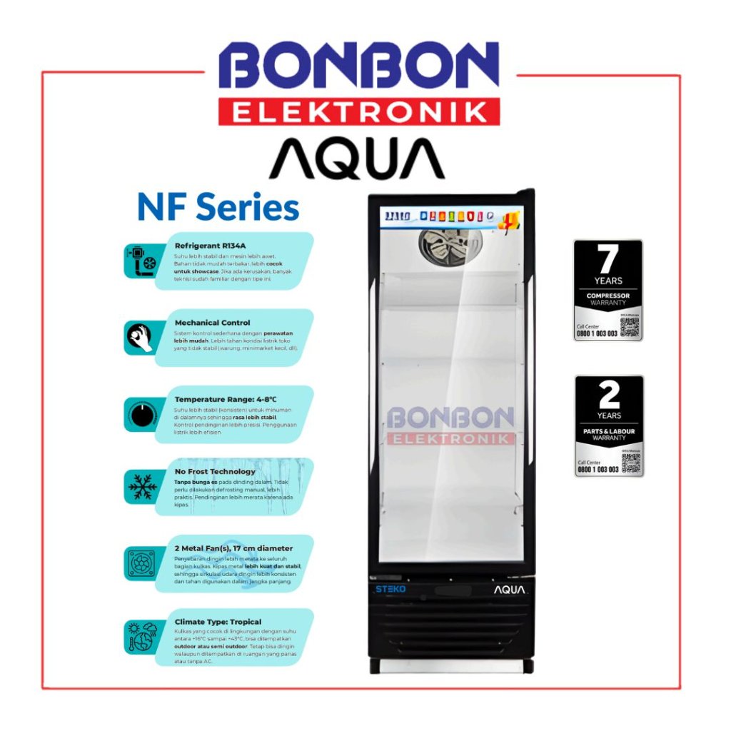 AQUA Showcase Display Cooler 202L AQB-250NF / AQB-250 / AQB 250 NF - 4 Rak - No Frost Technology - M