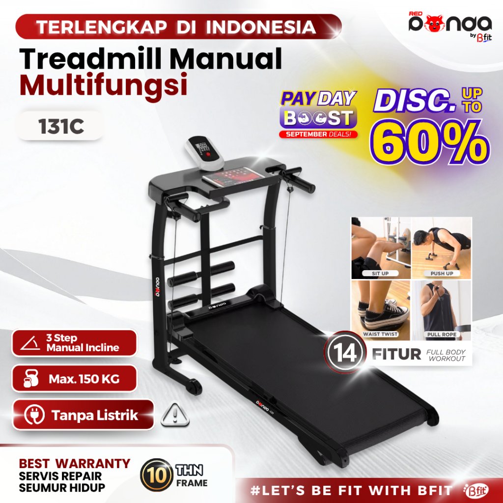 Treadmill Manual REDPANDA 131 Multifungsi Tanpa Listrik Lipat Portable Low Watt Fitness Gym