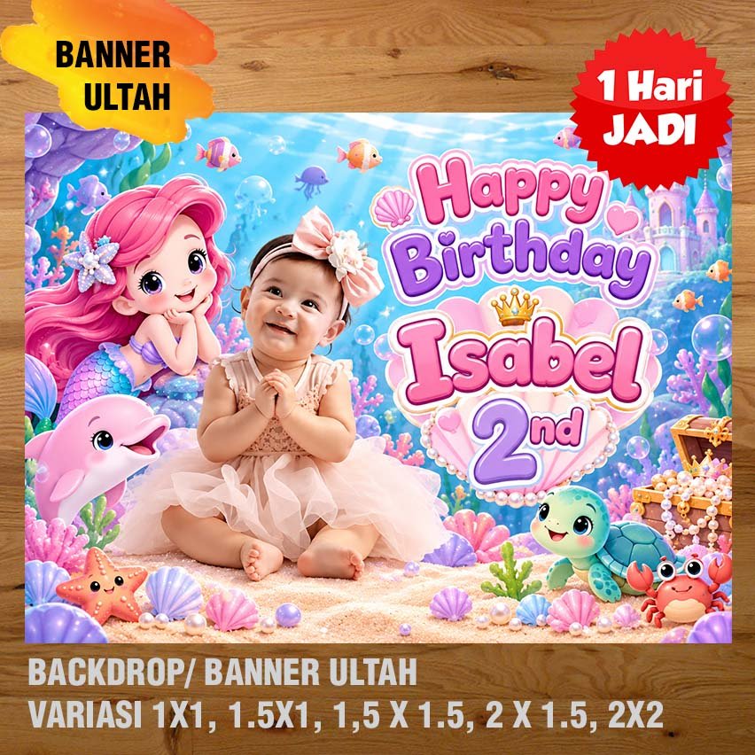 MERMAID BARU BANNER/ DEKORASI, HAPPY BIRTHDAY, SPANDUK, BANNER ULANG TAHUN/ BACKDROP/ SPANDUK ULANG 
