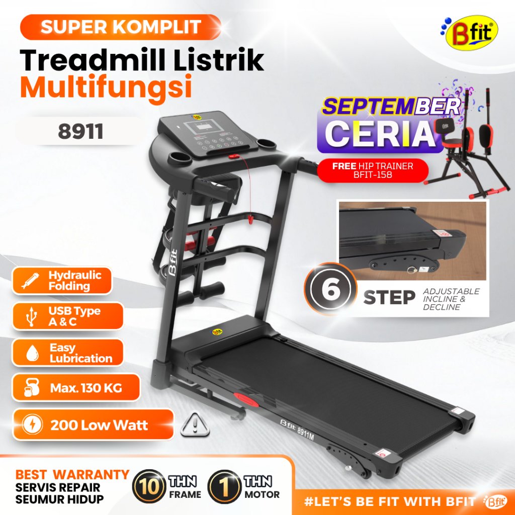 Treadmill Elektrik BFIT 8911M Multifungsi Listrik Lipat Portable Low Watt Fitness Gym