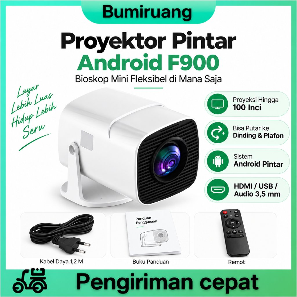 Proyektor Pintar F900 Native 720P Support 4K |   Android 14, WiFi6 dual-band + Bluetooth 5.0, cocok 