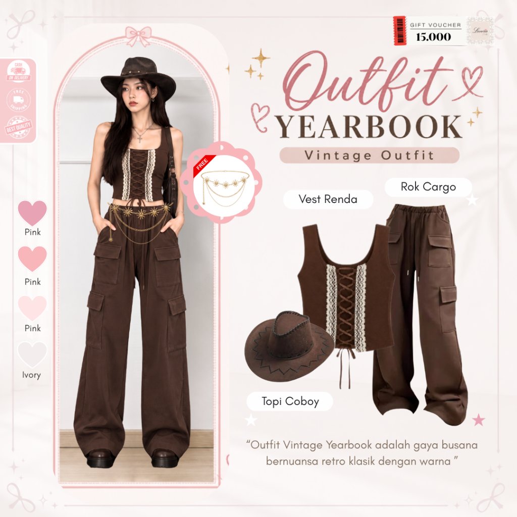 One Set Dark Academia ( Topi Coboy + Vest Renda + Celana Cargo ) Dark Academia Outfit - LV146