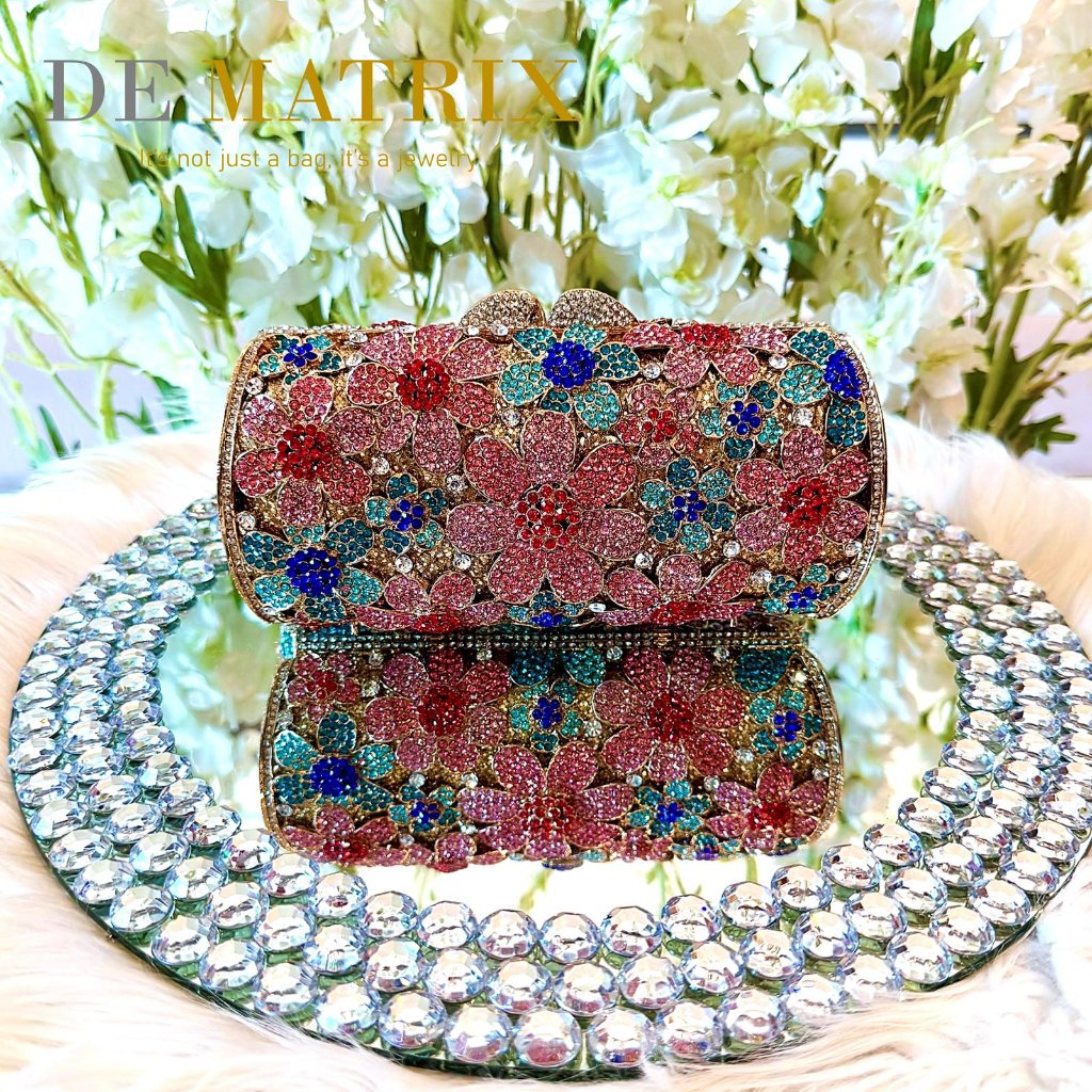 Tas Pesta Wanita Party Clutch Crystal kristal Pink Biru Merah Muda Blue Gold Emas Navy flower bunga 