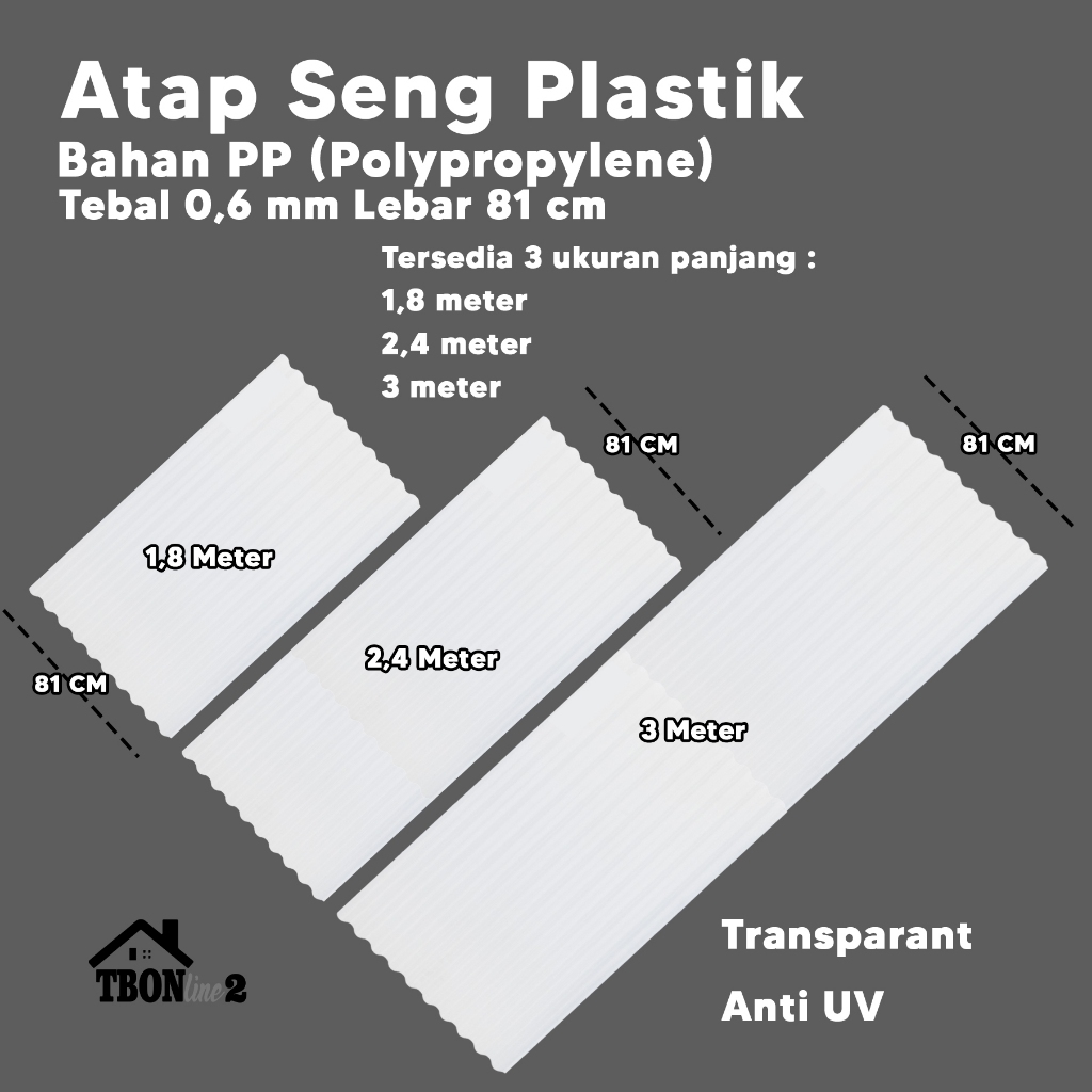Atap Seng Plastik Tebal 0,6 mm Lebar 81 cm Transparan Anti UV Panjang 1,8 2,4 3 meter
