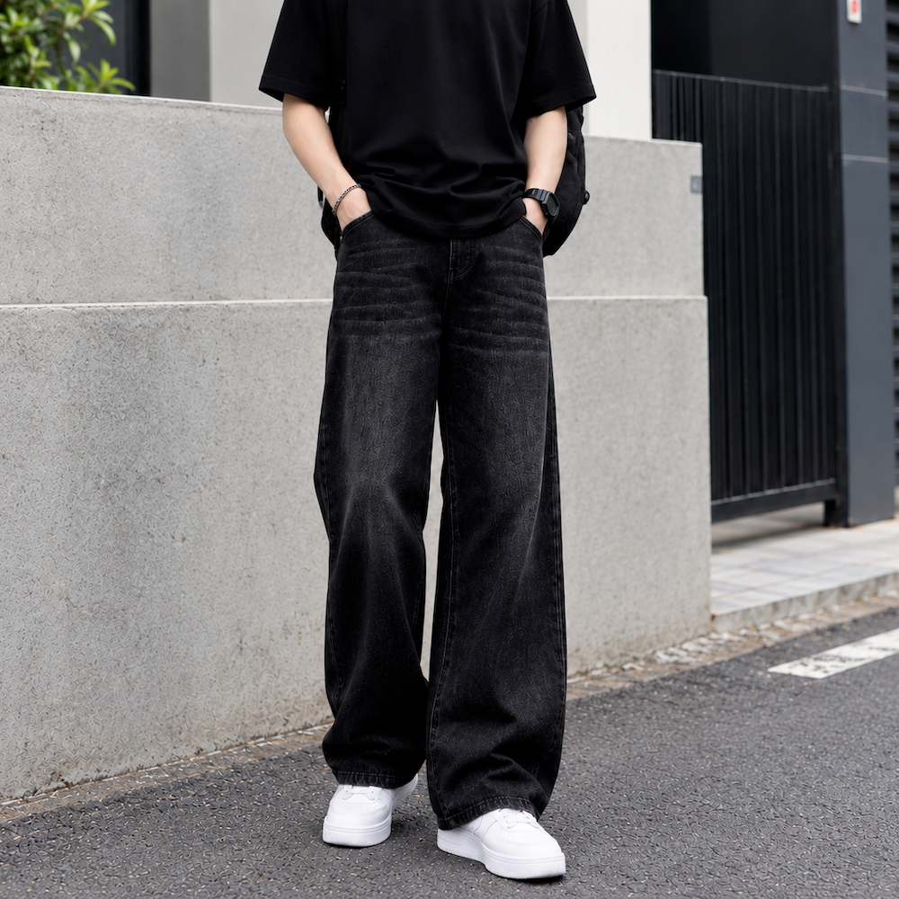 Celana Jeans Pria Korean Style Baggy Pants Panjang Straight Loose Whisker Black RegulerFit 13 Oz Jea