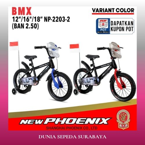 Sepeda Anak Laki BMX New Phoenix NP 2203-2 Ukuran 12 16 18 Inch Ban 2.50 Roda Bantu Sepeda Anak Spor