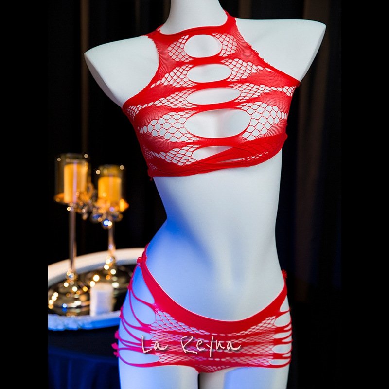 Lareyna Set Lingerie Jaring Hollow Out Seksi Bra Top Celana High Waist Transparan LG775