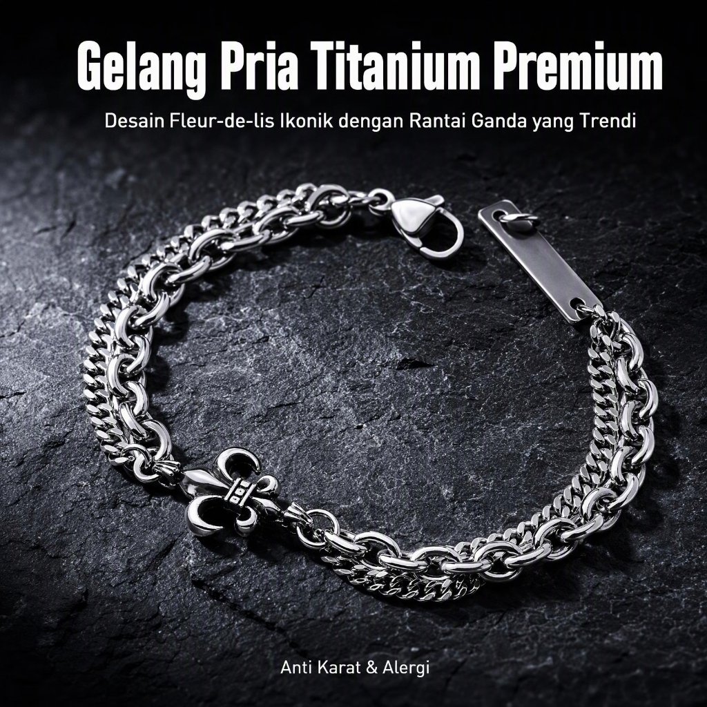 Gelang Pria Titanium Premium Anti Karat Desain Fleur-de-lis Rantai Ganda Retro Vintage Unisex Silver