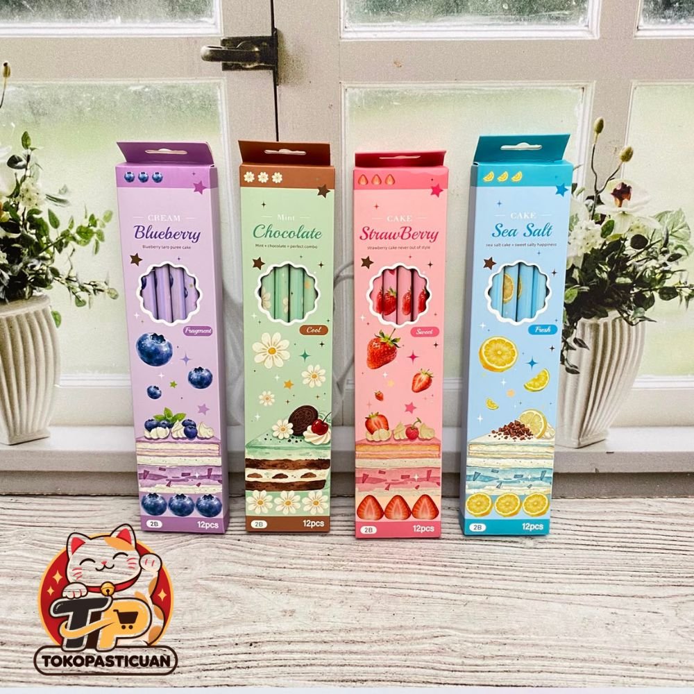 Pensil Estetik Motif Dessert 12 PCS PNS-2330 Varian Cokelat, Krim Blueberry, Stroberi dan sea Salt