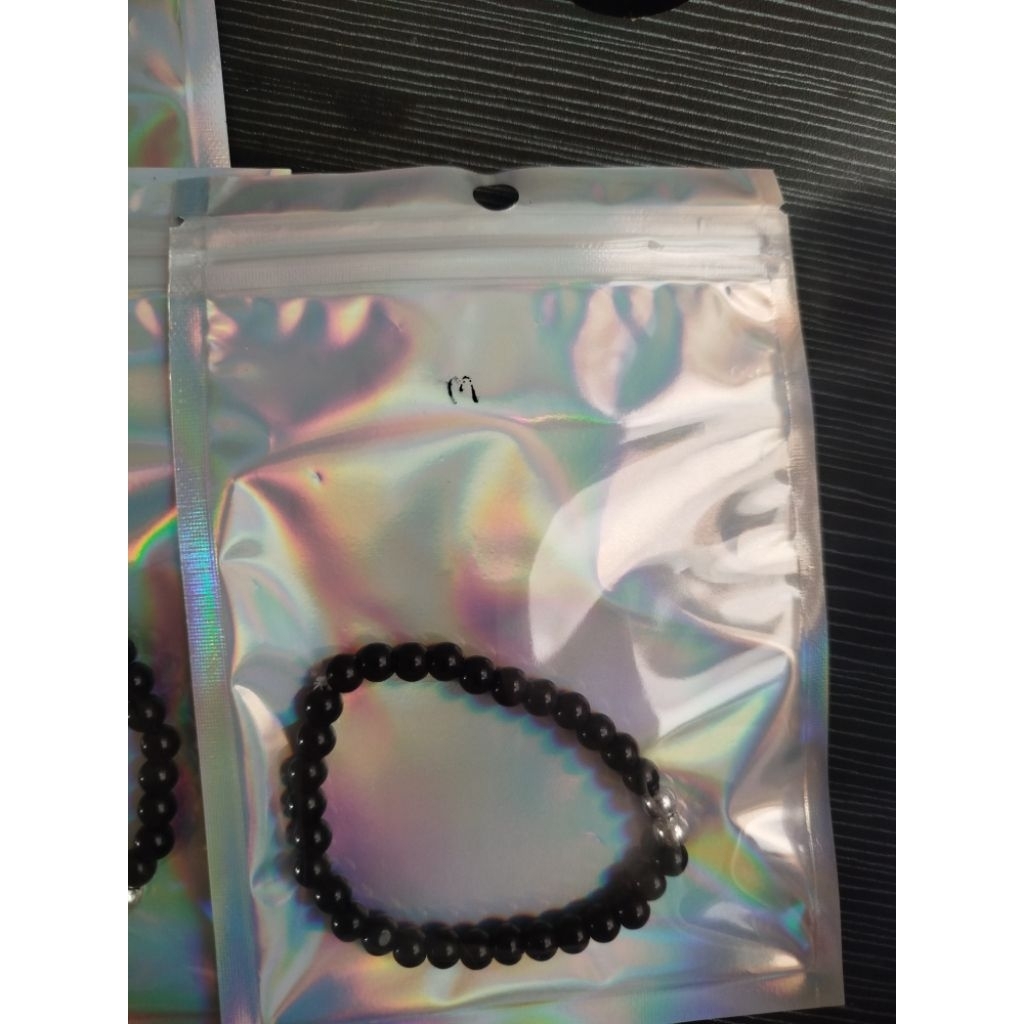 gelang pria tali karet manik manik hitam dan silver