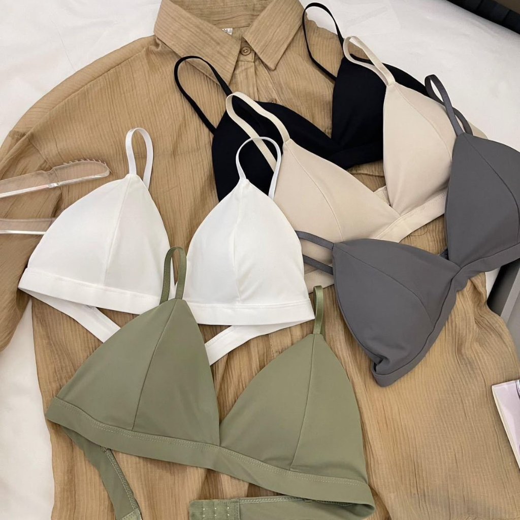 B-031 Bra Cup Segitiga Gaya Perancis Tanpa Kawat Tali Tipis, Elegan